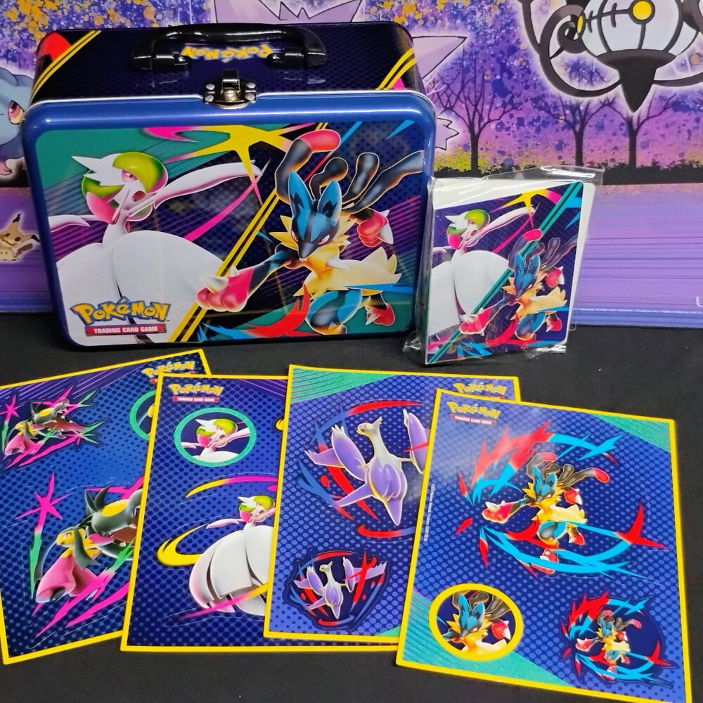 Pokemon Lunch Box Mega Evolution Eevee Toy Tin Storage Container Sticker Folder